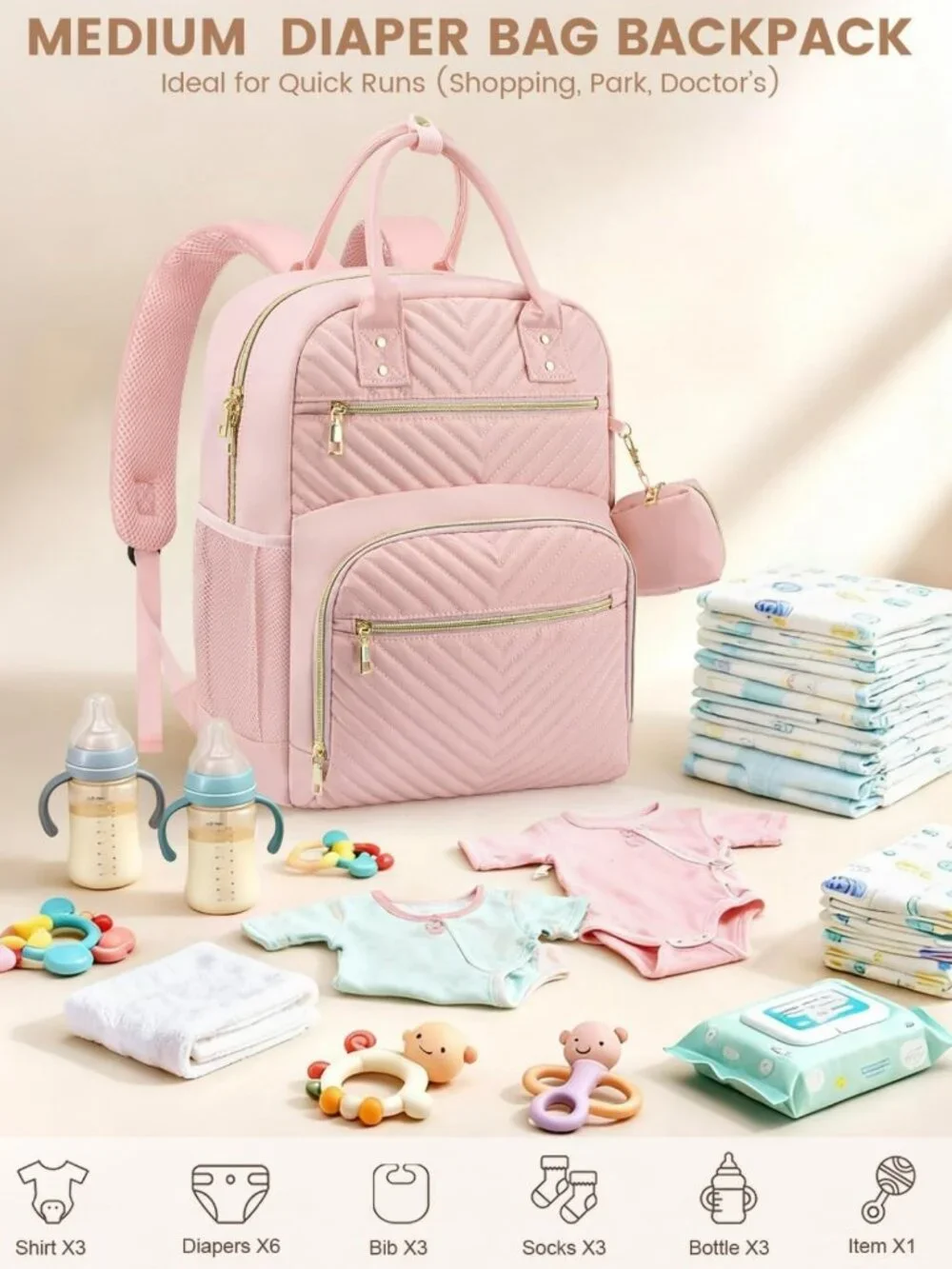 Stylish Baby Diaper Bag Backpack with Insulated Pocket & Pacifier Case - Pink